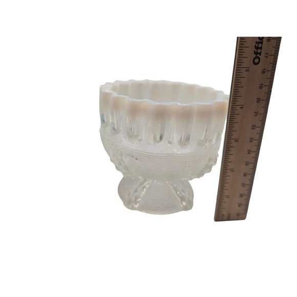 Antique Northwood Glass Opalescent Crimped Top Compote Spool Threaded Pattern - Picture 5 of 14